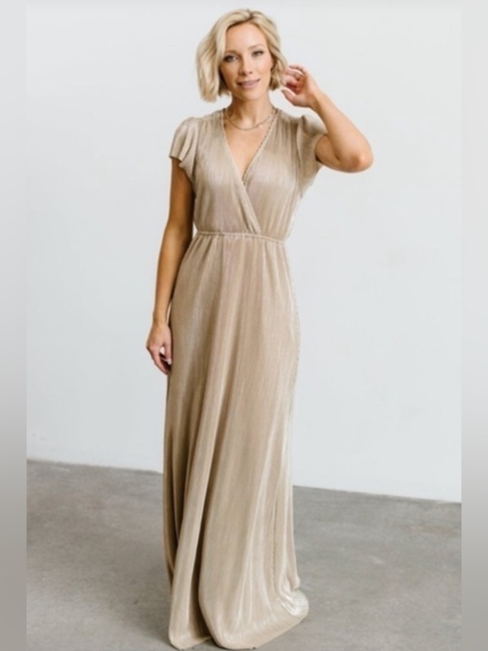 Baltic Born Athena Pleated Bronze Goddess Maxi Dress Champagne Gold Size Small